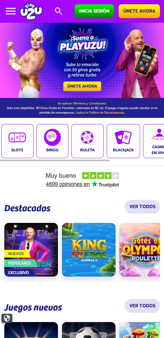 Página principal de PlayUZU México, el casino que anuncia Facundo
